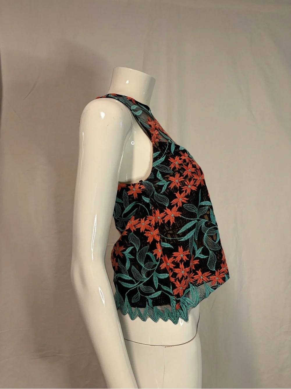 Elliatt Black Sheer Tank with Coral Floral & Teal Leaf Embroidery
